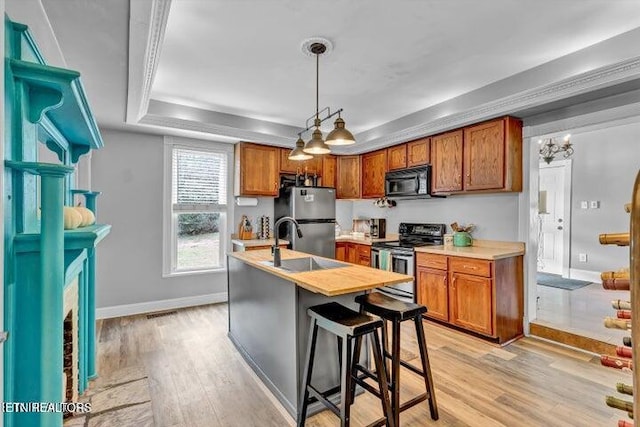 kitchen featuring pendant lighting, a breakfast bar area, a tray ceiling, light hardwood / wood-style floors, and stainless steel appliances