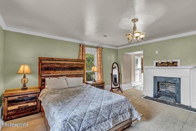 bedroom featuring an inviting chandelier, multiple windows, and crown molding