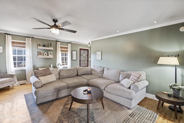 living room with light hardwood / wood-style flooring, ceiling fan, and crown molding