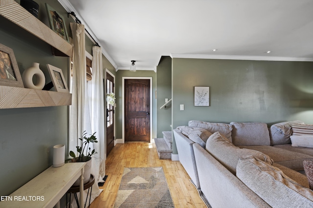 living room featuring crown molding and light wood-type flooring