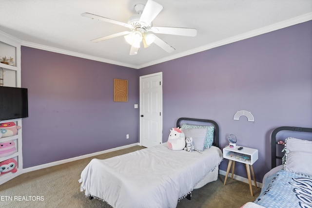 carpeted bedroom with ceiling fan and ornamental molding