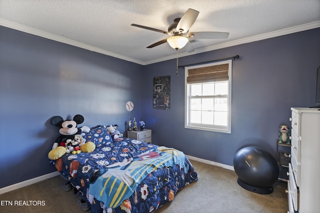 carpeted bedroom with a textured ceiling, ceiling fan, and crown molding