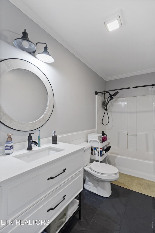 full bathroom with tile patterned floors, ornamental molding, vanity, bathing tub / shower combination, and toilet