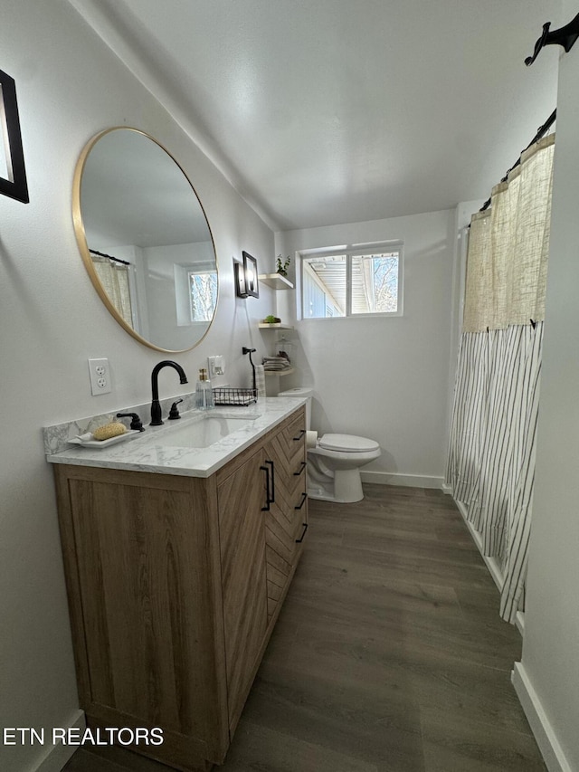 bathroom featuring hardwood / wood-style floors, vanity, and toilet