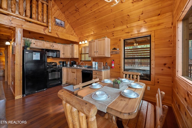 dining room featuring wood ceiling, dark wood-type flooring, a healthy amount of sunlight, and wood walls