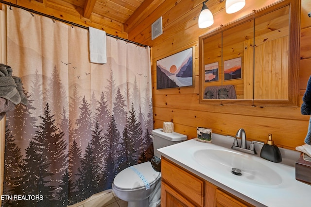 bathroom with wood ceiling, vanity, toilet, and wood walls