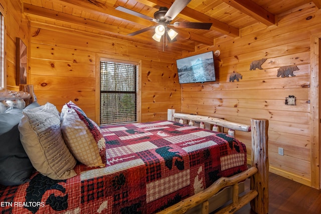 bedroom featuring ceiling fan, wood walls, beam ceiling, and wooden ceiling