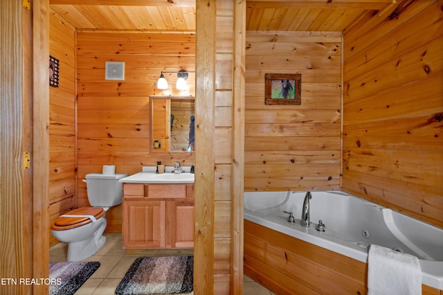 bathroom with tile patterned floors, wooden ceiling, and wooden walls