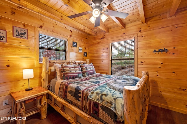 bedroom with dark wood-type flooring, wood walls, wooden ceiling, ceiling fan, and beam ceiling