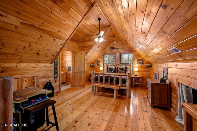 bedroom featuring wood ceiling, light wood-type flooring, and wood walls