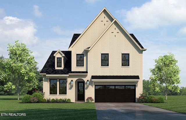 view of front of property with an attached garage, brick siding, driveway, and a front lawn