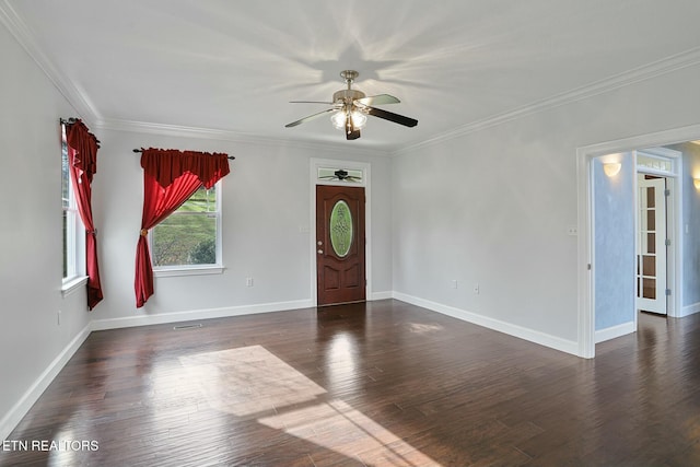 foyer featuring a ceiling fan, baseboards, dark wood finished floors, and crown molding