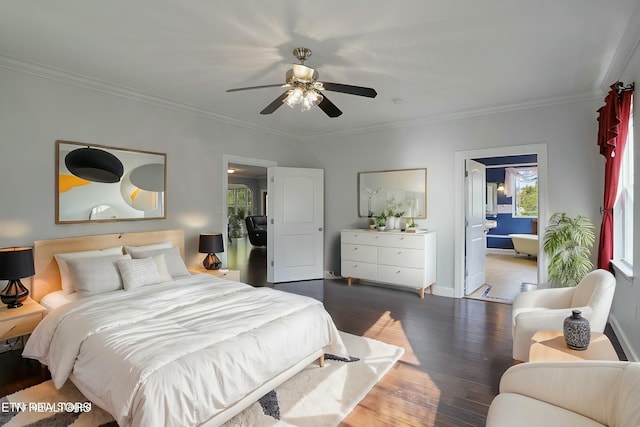 bedroom featuring dark wood-style floors, ceiling fan, baseboards, and crown molding