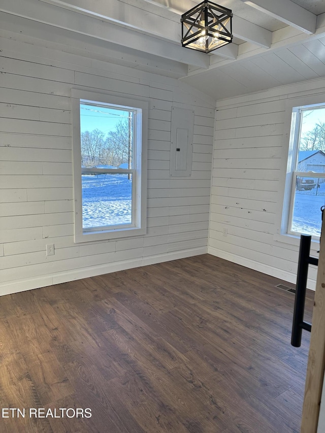 unfurnished room featuring wooden walls, dark hardwood / wood-style floors, and electric panel