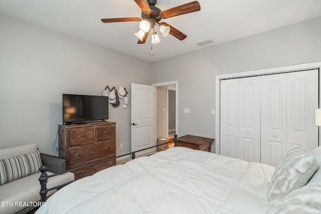 bedroom with ceiling fan and a closet