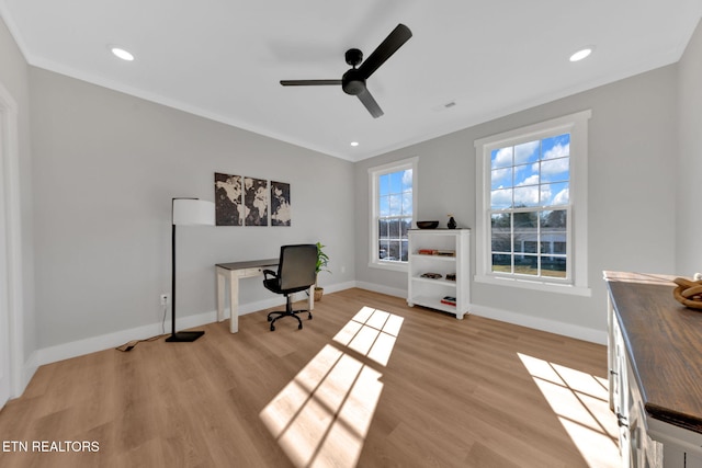 office area featuring ornamental molding, ceiling fan, and light hardwood / wood-style floors