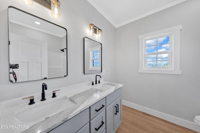 bathroom with hardwood / wood-style flooring, ornamental molding, and vanity