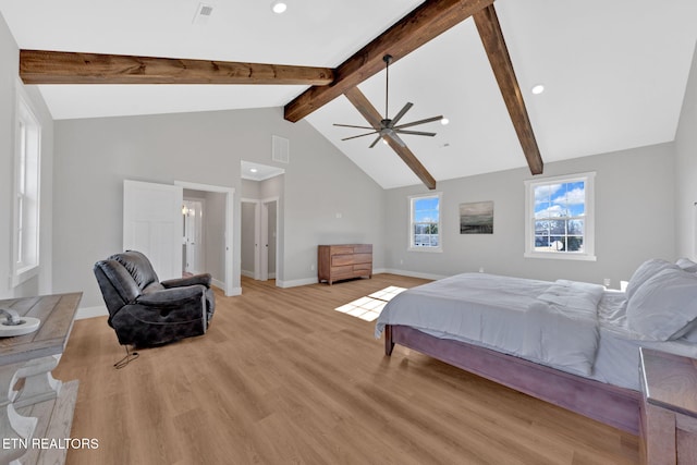 bedroom featuring high vaulted ceiling, beam ceiling, and light hardwood / wood-style floors