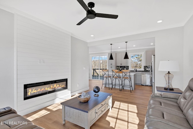 living room featuring sink, crown molding, light wood-type flooring, ceiling fan, and a fireplace