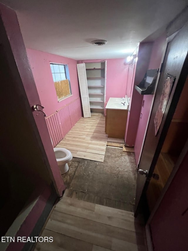 bathroom featuring vanity, wood-type flooring, and toilet