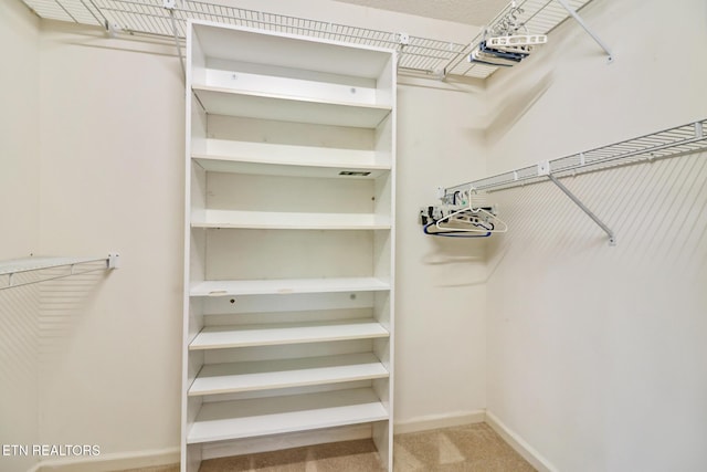 walk in closet featuring light carpet