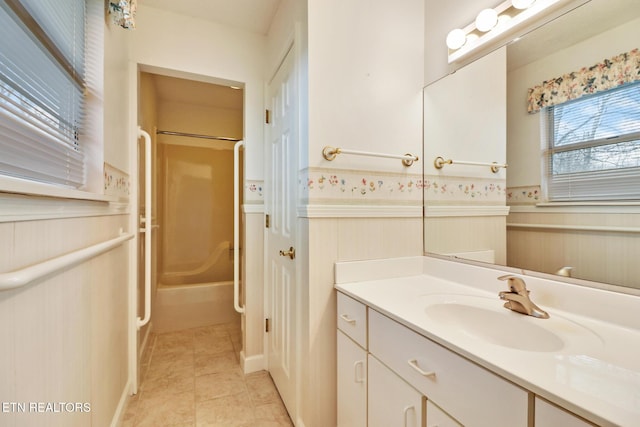 bathroom featuring tile patterned floors, wood walls, and vanity