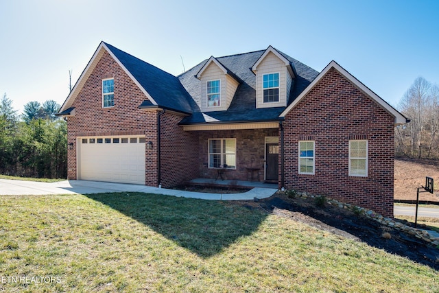 view of front of property with a garage, a front lawn, and a porch