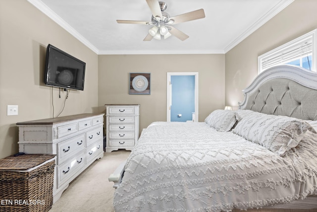 bedroom with light carpet, ceiling fan, and crown molding