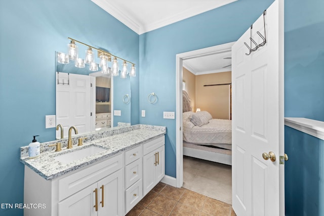 bathroom with vanity, tile patterned floors, and ornamental molding