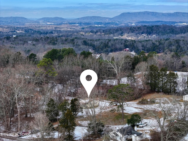 snowy aerial view featuring a mountain view