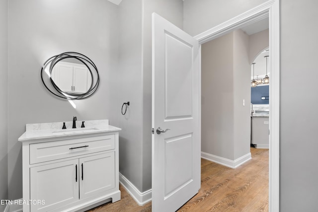 bathroom featuring vanity and wood-type flooring