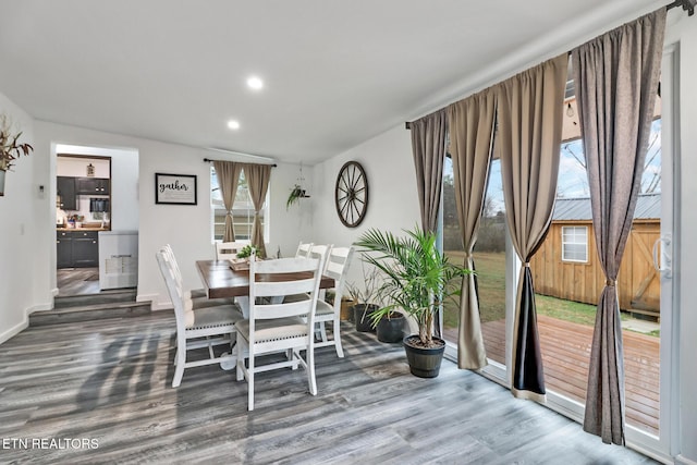 dining area with dark hardwood / wood-style flooring