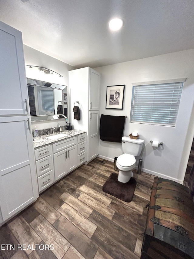 bathroom with vanity, wood-type flooring, and toilet