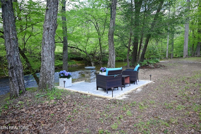 view of yard featuring a patio area and a water view