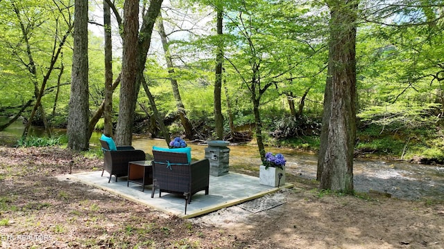 view of yard featuring a patio area and a water view