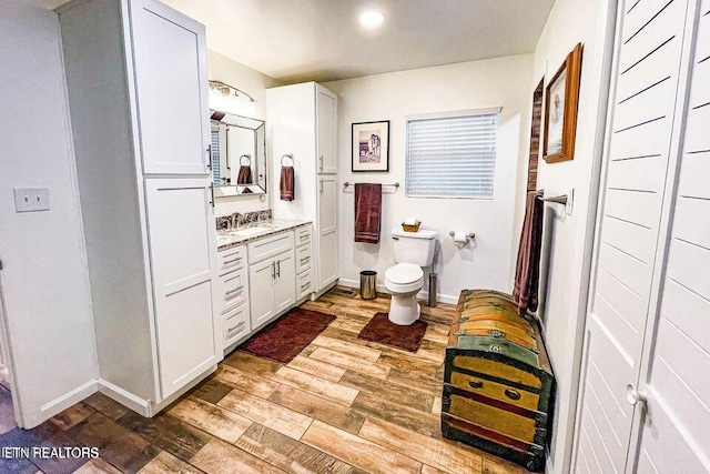 bathroom with toilet, wood-type flooring, and vanity