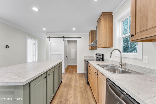 kitchen featuring exhaust hood, sink, a barn door, light hardwood / wood-style floors, and stainless steel appliances