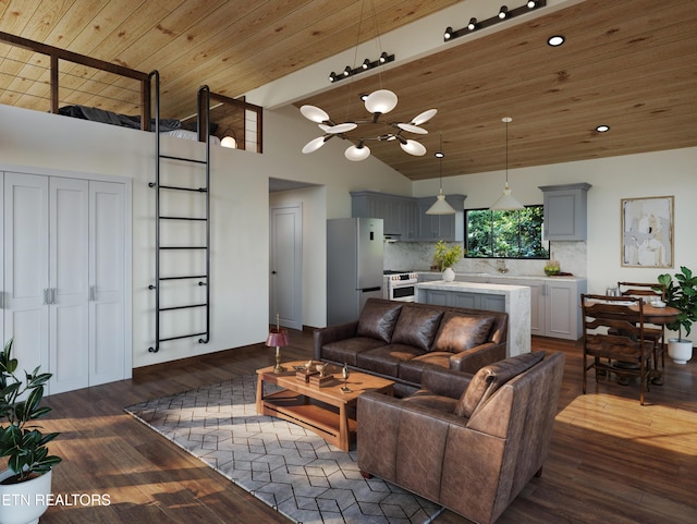 living room with high vaulted ceiling, dark wood-type flooring, and wooden ceiling