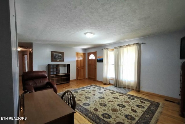 living room with a textured ceiling and light hardwood / wood-style floors