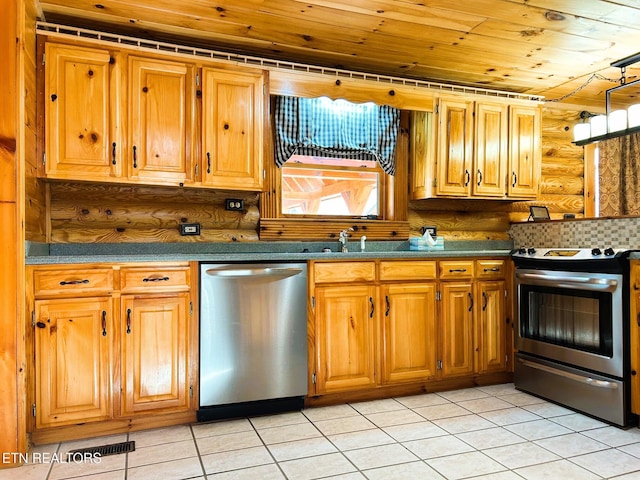 kitchen featuring light tile patterned floors, sink, stainless steel appliances, and wood ceiling