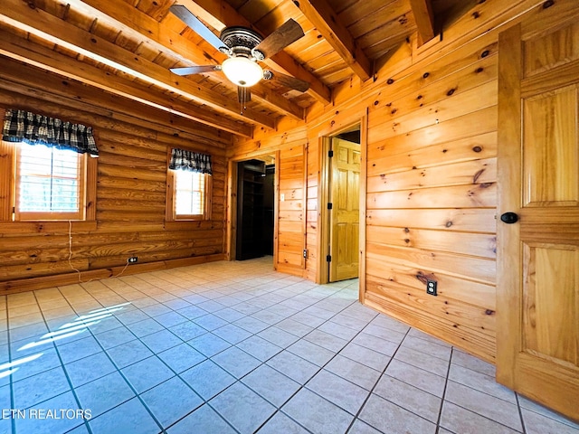 empty room with log walls, beam ceiling, wooden walls, and wood ceiling