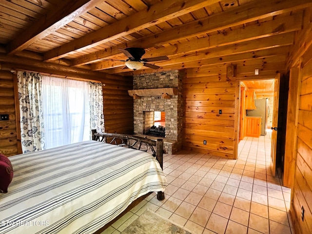 tiled bedroom with log walls, wooden ceiling, beamed ceiling, stainless steel refrigerator, and wood walls