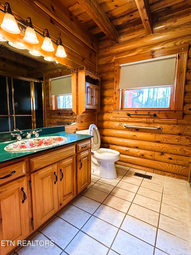 bathroom featuring vanity, wooden ceiling, tile patterned floors, rustic walls, and beamed ceiling