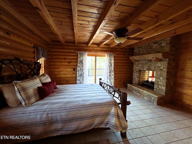 unfurnished bedroom with wood ceiling, ceiling fan, log walls, beamed ceiling, and a fireplace