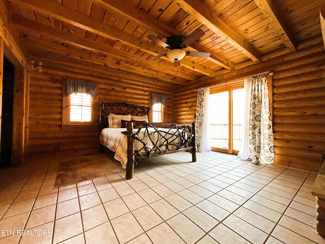 unfurnished bedroom featuring beam ceiling, rustic walls, wooden ceiling, and light tile patterned flooring