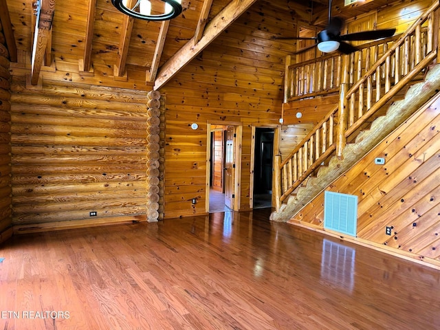 unfurnished living room featuring ceiling fan, high vaulted ceiling, wooden ceiling, beamed ceiling, and hardwood / wood-style floors