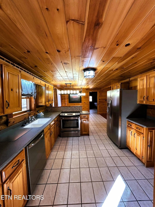 kitchen featuring appliances with stainless steel finishes, wood ceiling, wooden walls, sink, and light tile patterned flooring