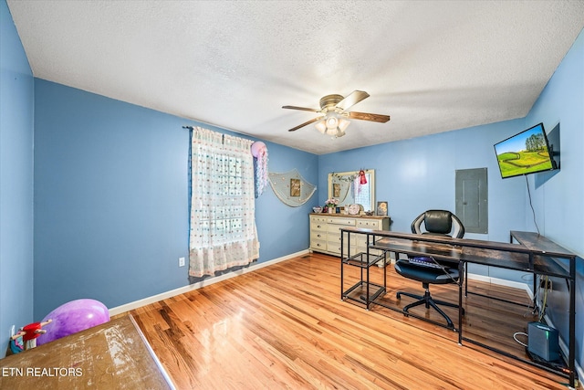 office area featuring electric panel, ceiling fan, light hardwood / wood-style flooring, and a textured ceiling