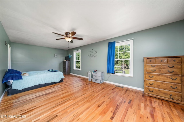 bedroom featuring ceiling fan and light wood-type flooring