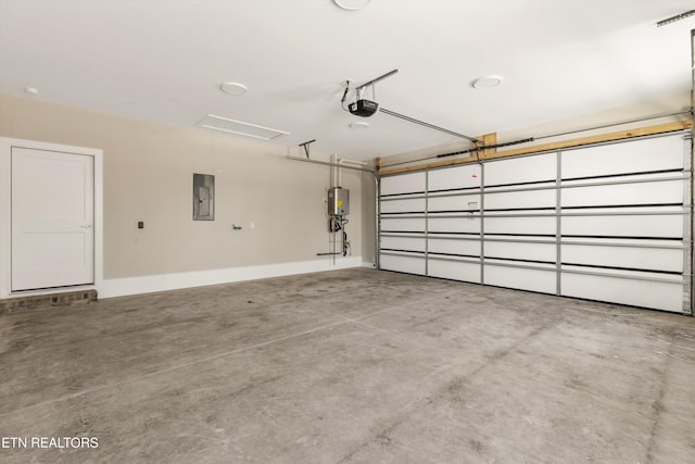 garage with a garage door opener, electric panel, baseboards, and water heater